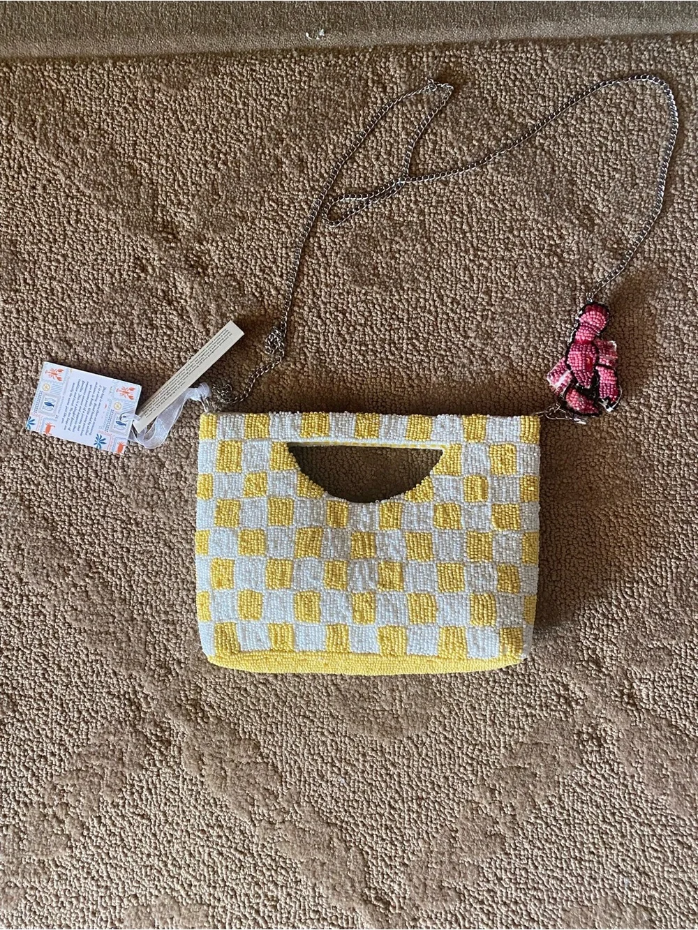 Beaded Yellow & White Checker Clutch with Pink Lobster Motifs